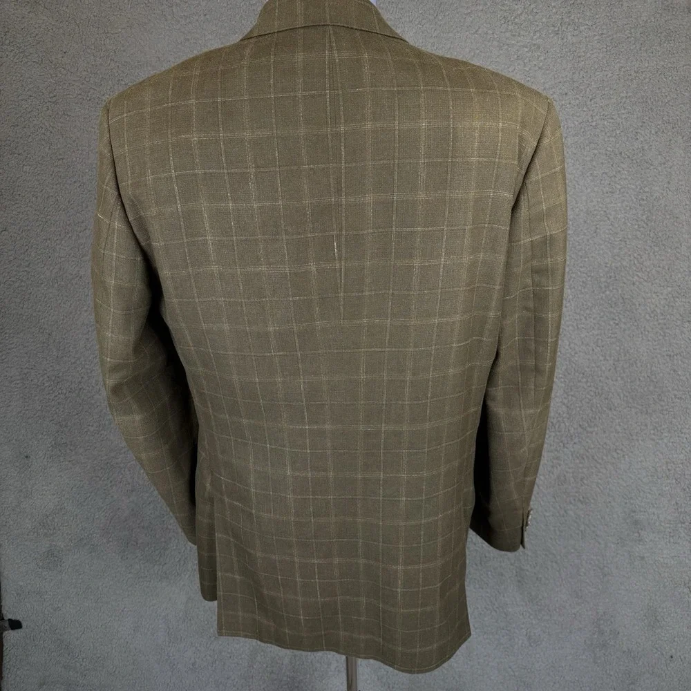 Nordstrom Blazer Mens 42L Olive‎ Windowpane E Thomas Silk Wool Linen Sport Coat